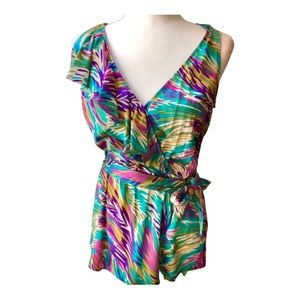 Mia Via Silk Top Faux Wrap Multi Color Purple Green Waist Tie Sash Women's M EUC